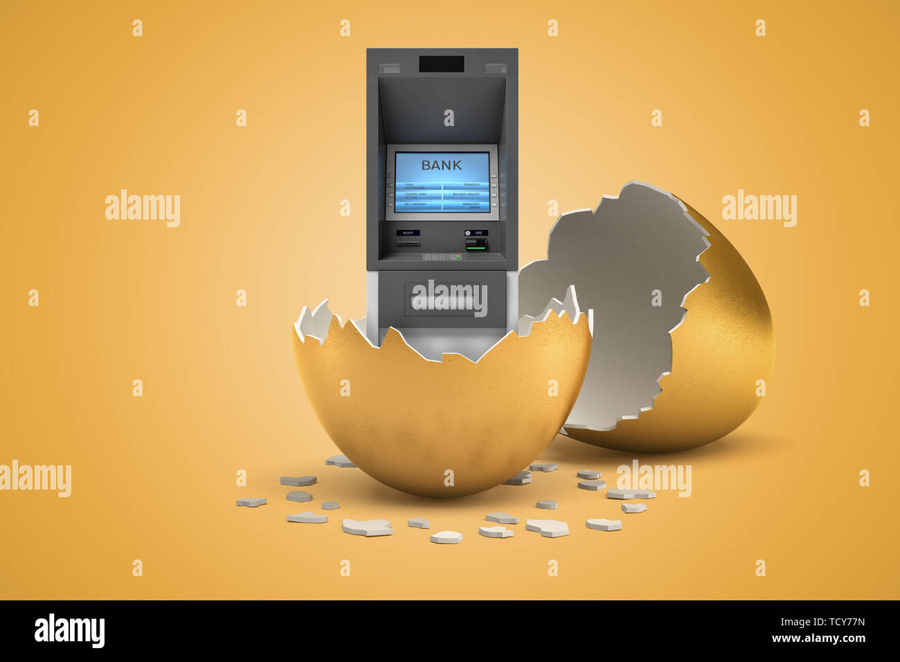 3d rendering of ATM that just hatched out from golden egg. Stock Photo