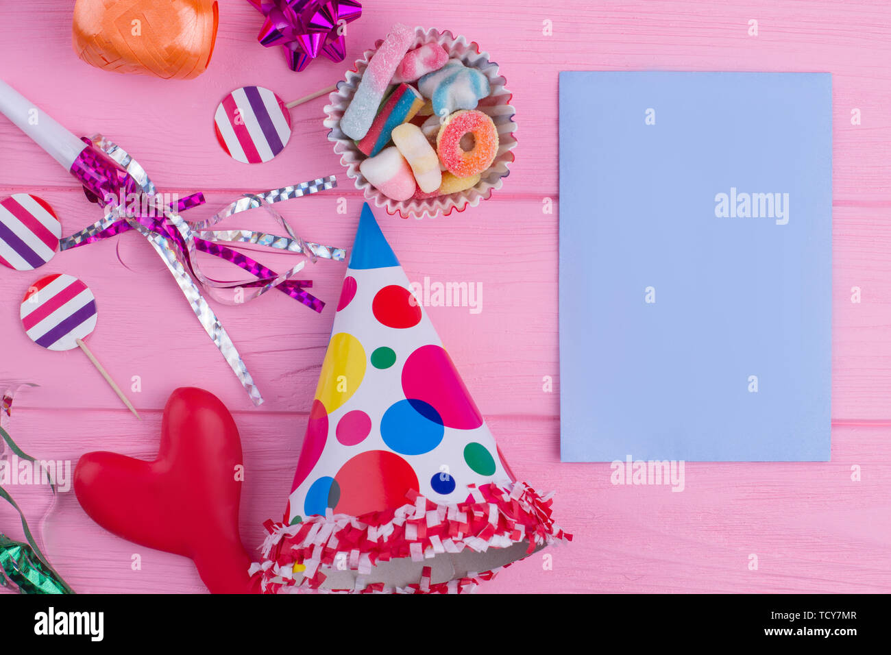 Birthday items and blank paper card Stock Photo Alamy