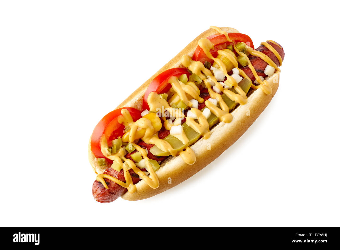 Chicago style hot dog with sport peppers on white Stock Photo