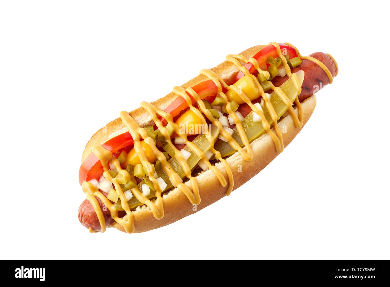 Chicago style hot dog top view on white Stock Photo