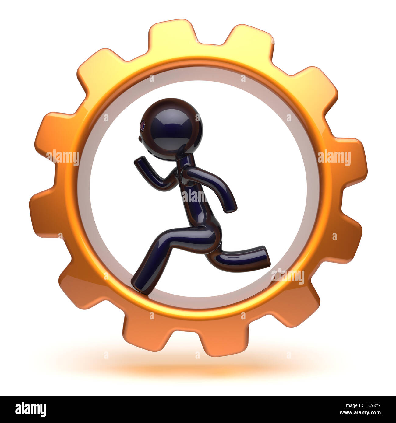 Man character running inside gearwheel businessman rotate cogwheel stylized black human cartoon guy hamster person worker gear wheel business career e Stock Photo