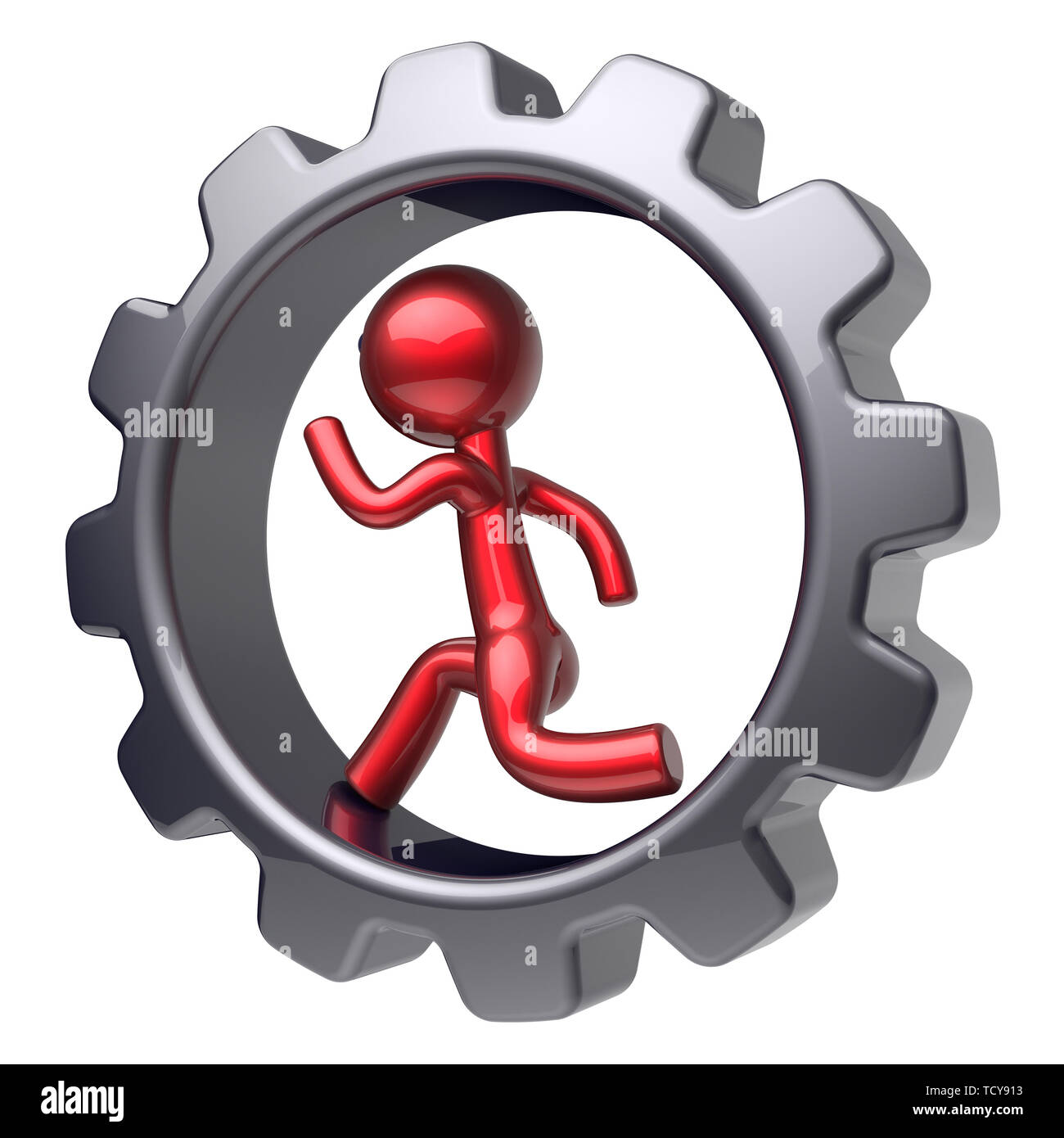 Man character stylized red cartoon guy running inside gearwheel human rotate cogwheel like run hamster person worker black gear wheel business career  Stock Photo