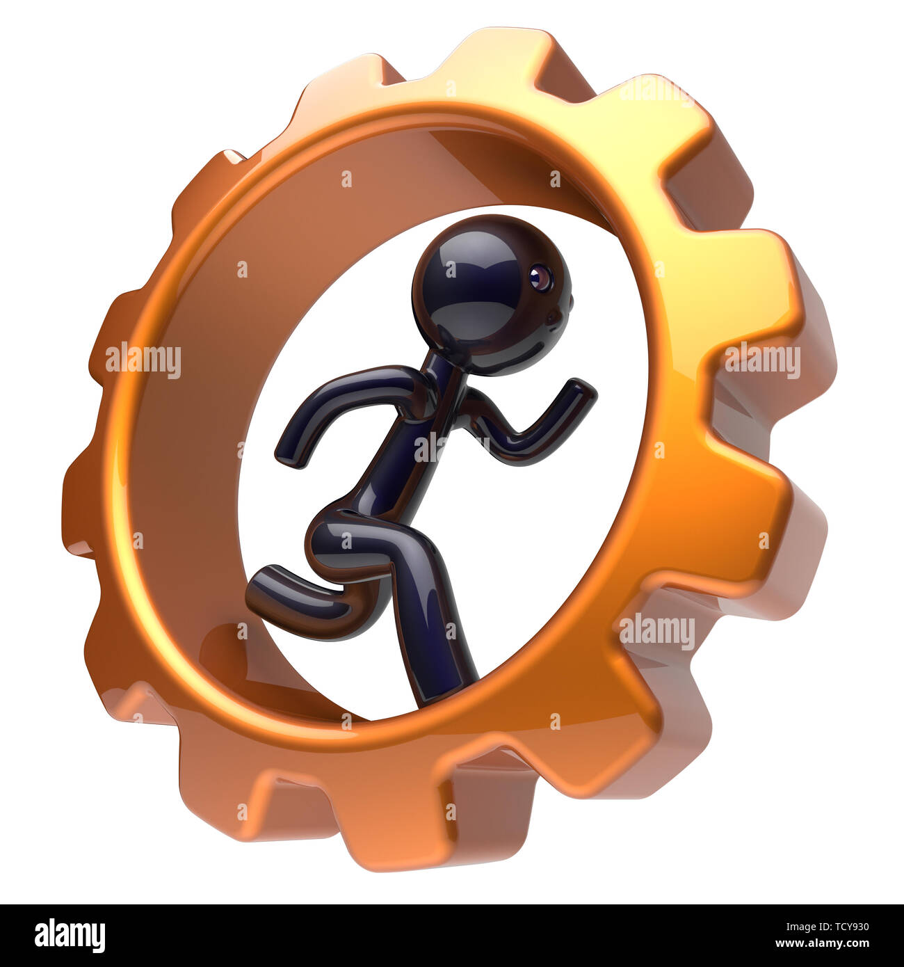Man character running inside gearwheel businessman rotate cogwheel stylized black human cartoon guy hamster person worker gear wheel business career e Stock Photo