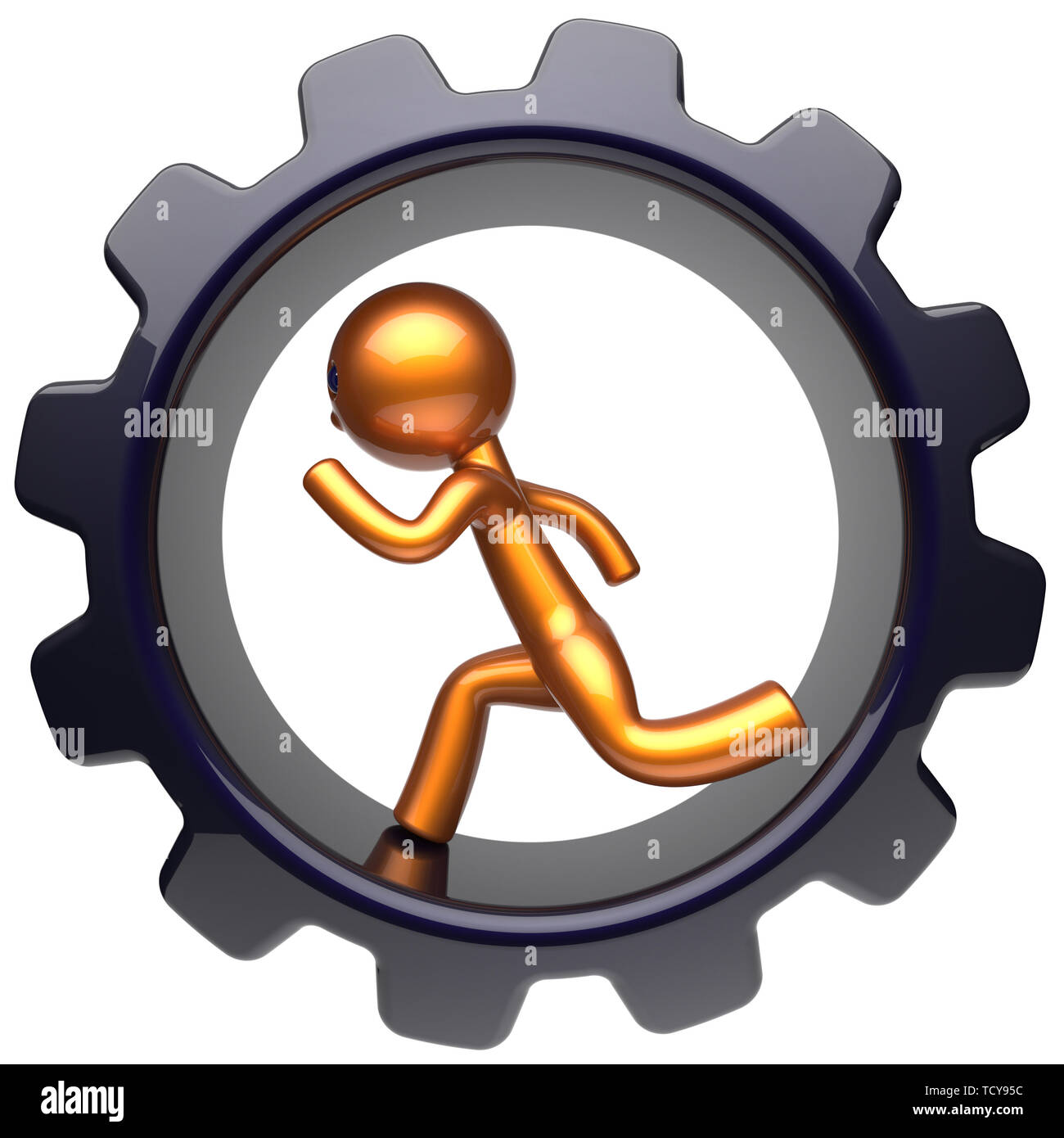 Man character gear wheel running hard work inside cogwheel businessman rotate stylized golden human cartoon guy person worker black gearwheel business Stock Photo