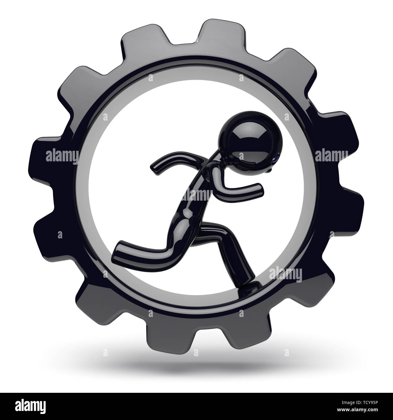 Runner man character inside gearwheel. Gear wheel businessman run rotate cogwheel stylized black. Human cartoon guy person worker gear wheel business Stock Photo