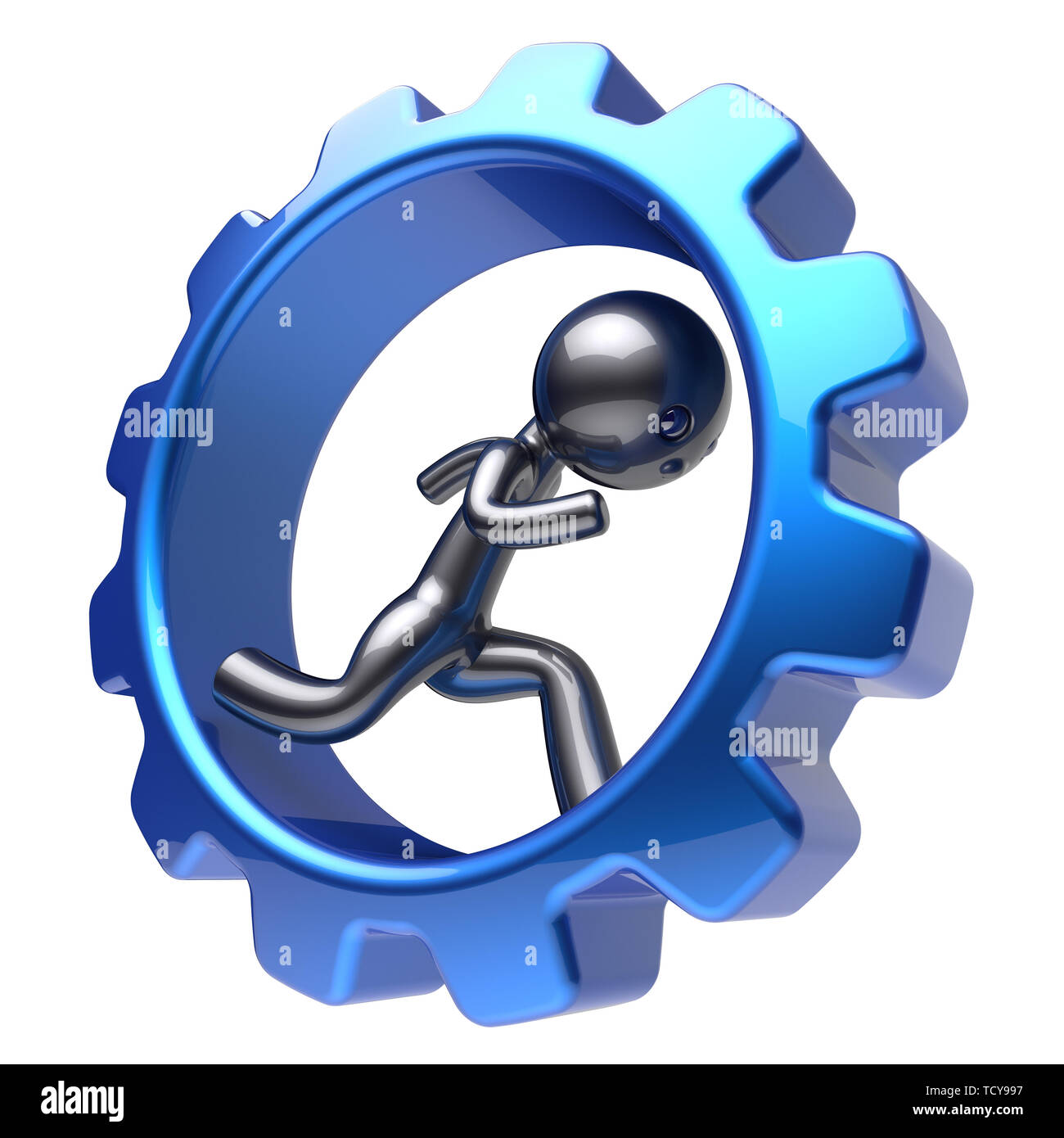 Man human character running inside gearwheel businessman rotate cogwheel stylized cartoon guy hamster person worker blue gear wheel business career em Stock Photo