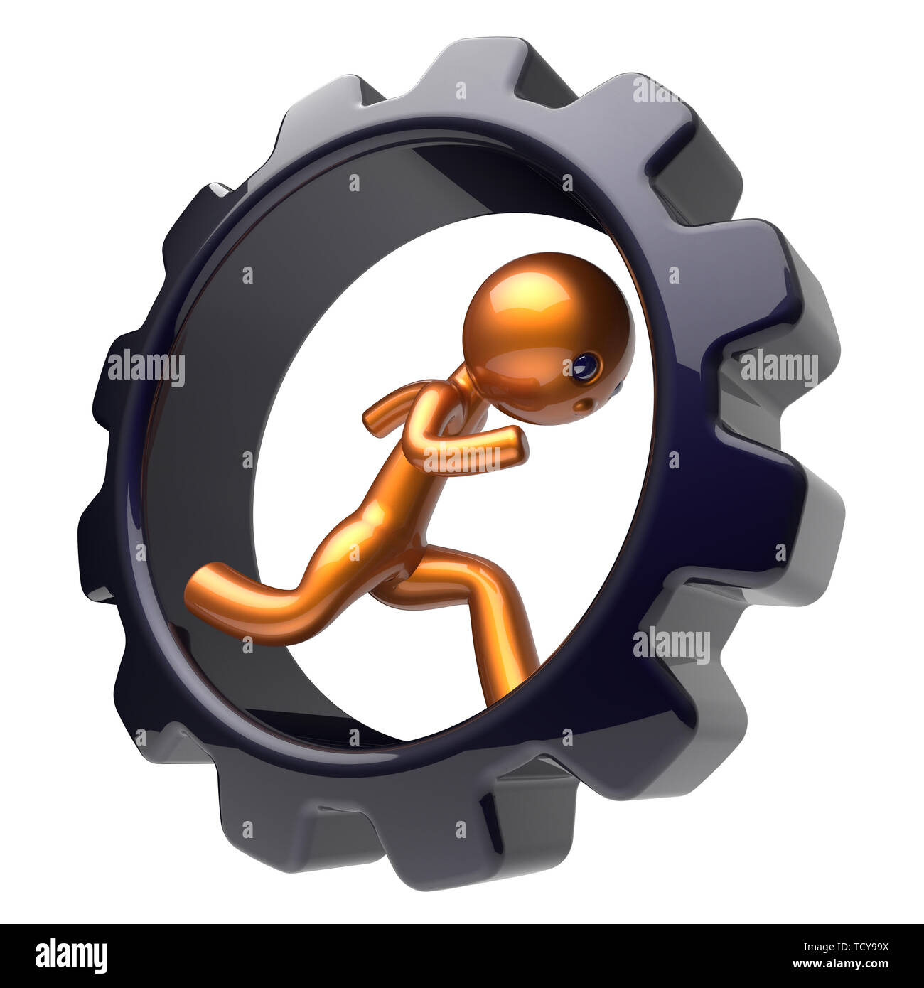 Gear wheel running man character hard work inside gear wheel businessman work stylized golden human cartoon guy person worker black cogwheel business  Stock Photo