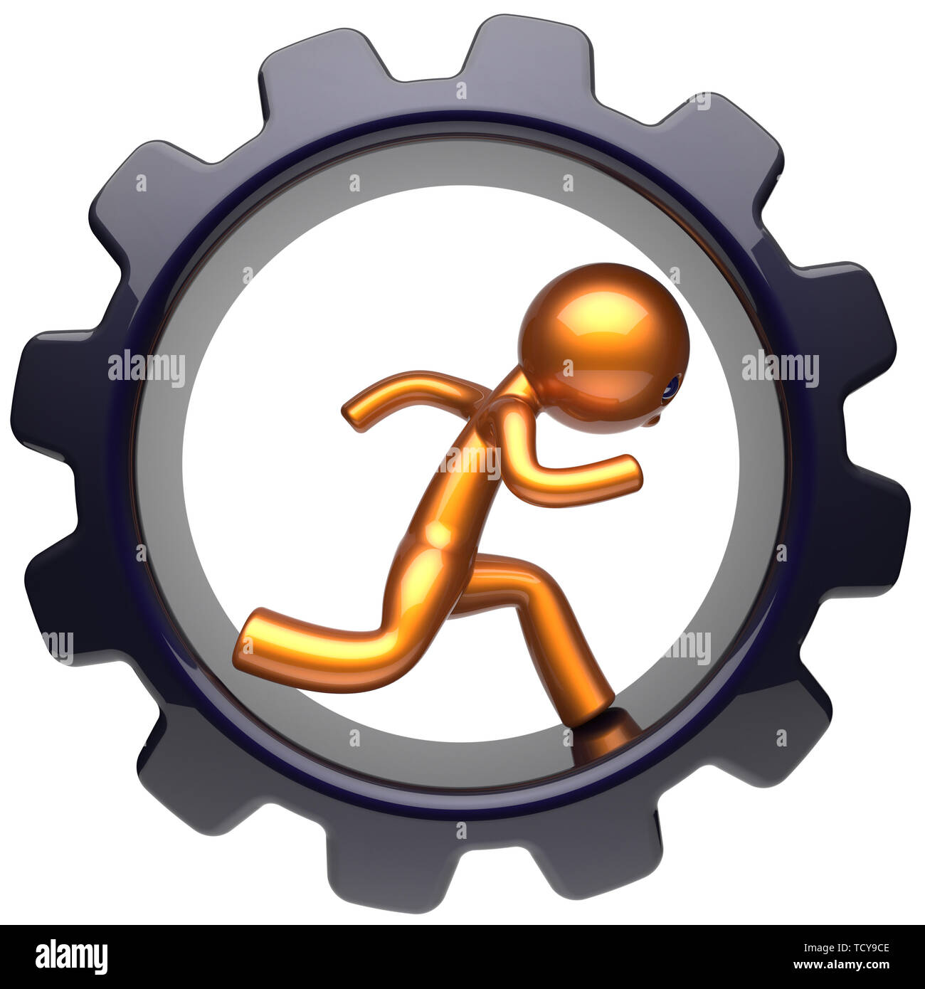 Gear wheel running man character hard work inside cogwheel businessman rotate stylized golden human cartoon guy person worker black gearwheel business Stock Photo