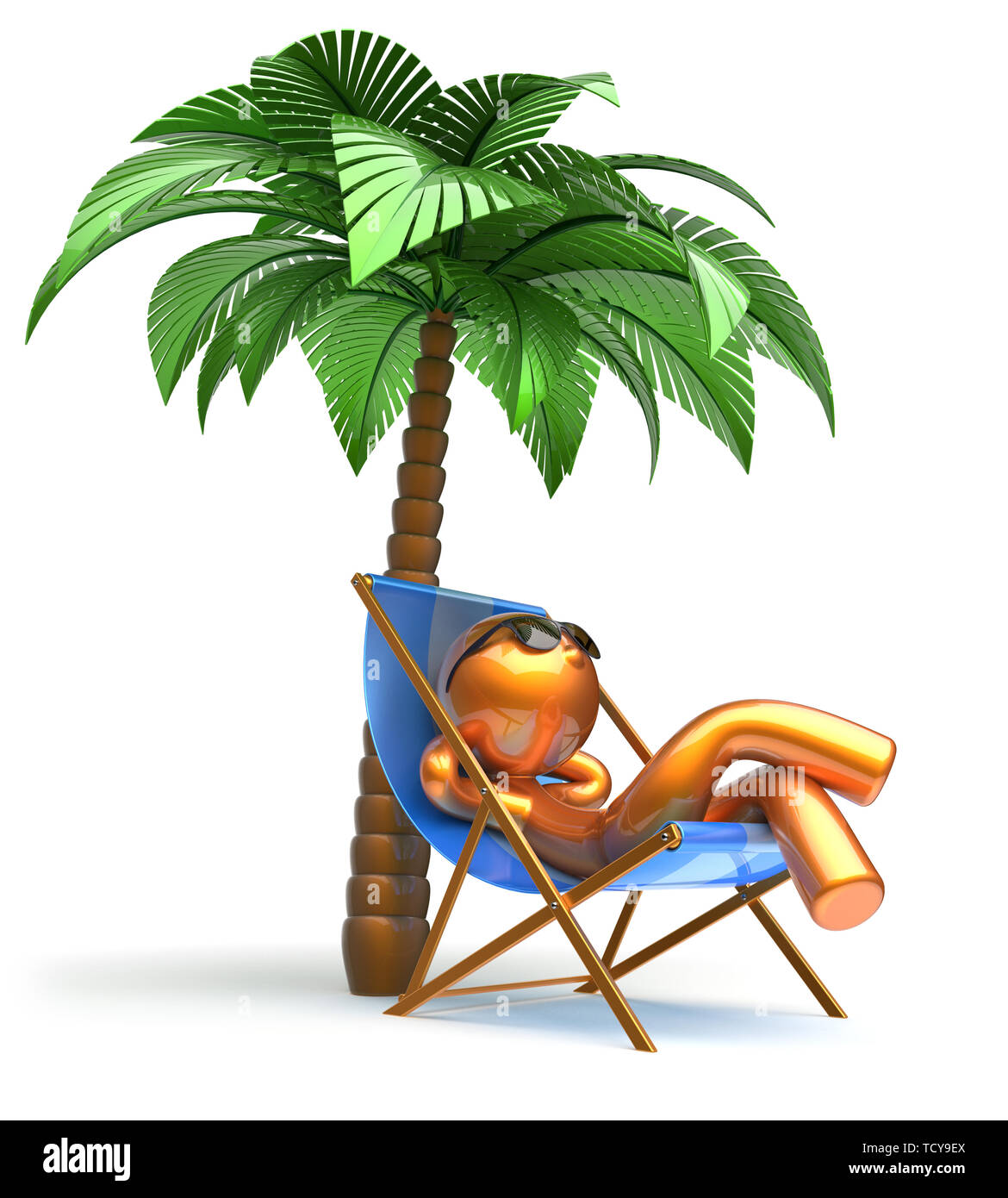 Man relaxing chilling beach deck chair palm tree cartoon character  sunglasses summer comfort stylized golden person sun lounger chaise lounge  tourist Stock Photo - Alamy