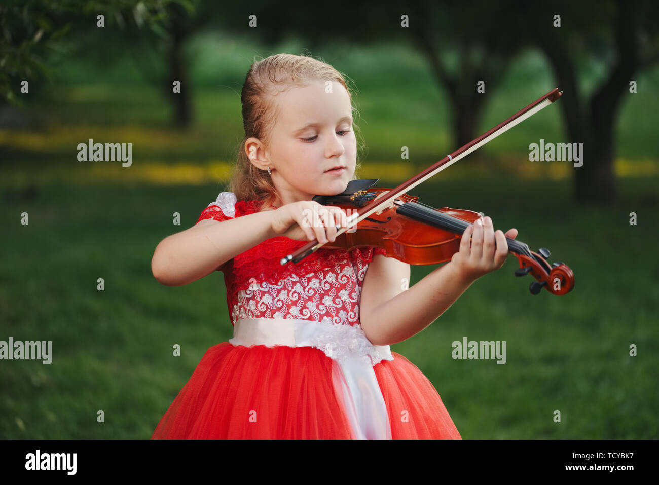 happy girl plays violin in summer park Stock Photo - Alamy