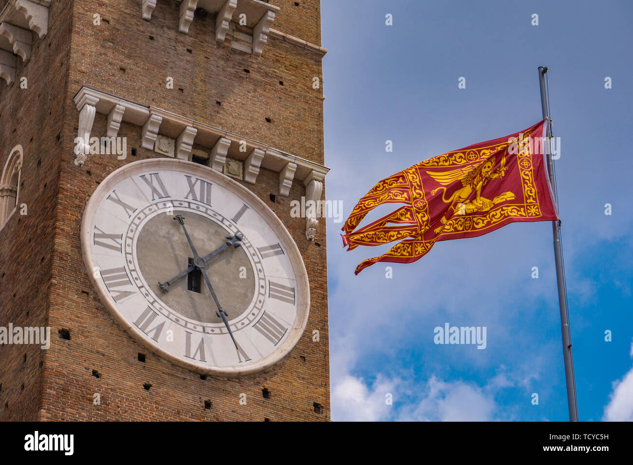View at Torre dei Lamberti and Venetian Republic flag in Verona, Italy Stock Photo
