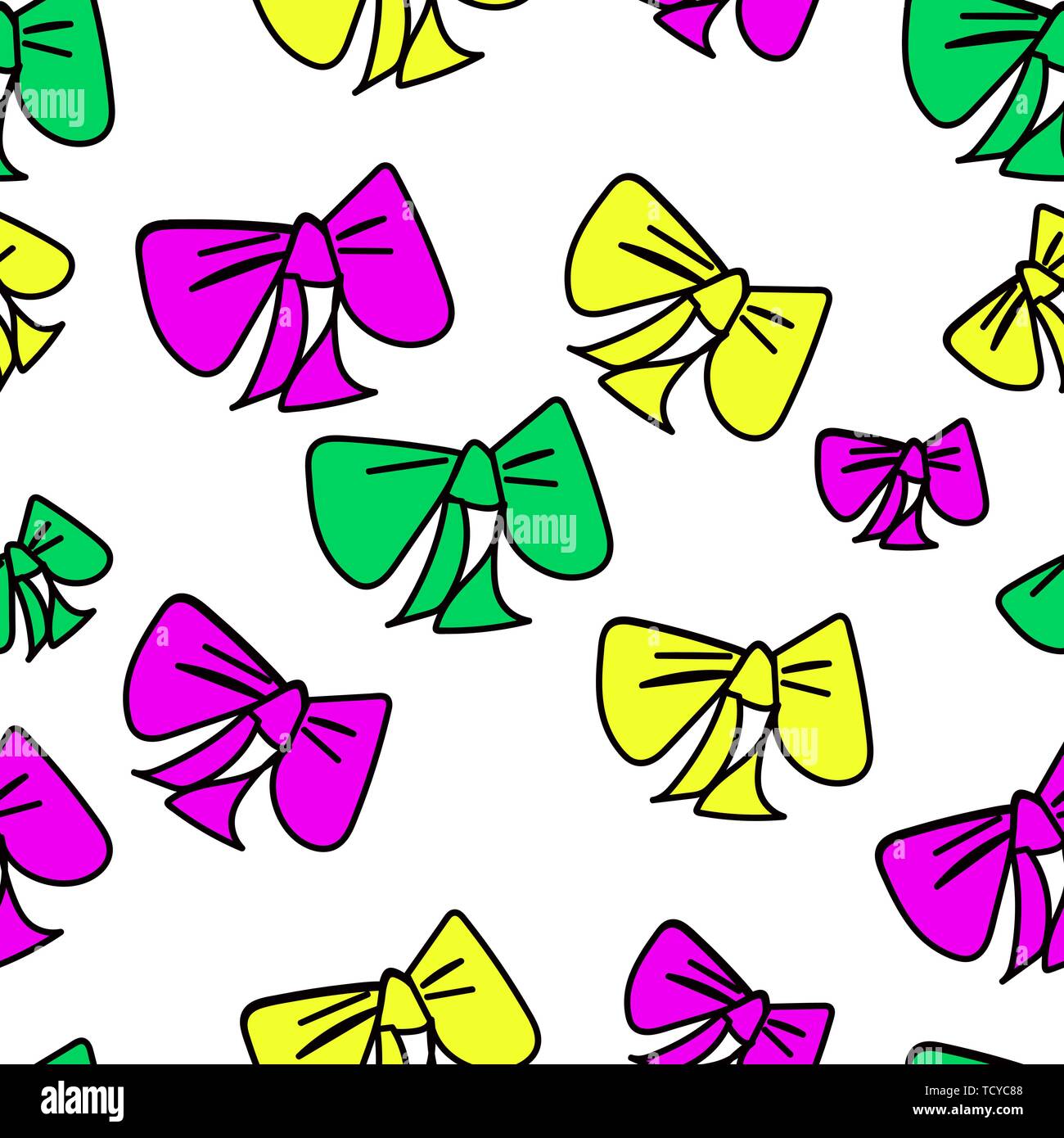 Cute seamless pattern with hand-drawn colorful bows on white isolated