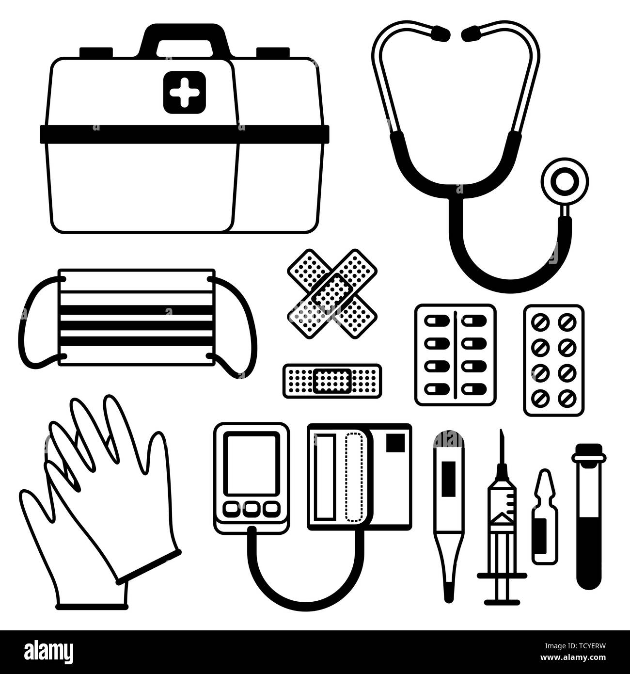 First aid kit equipment. Stock Vector