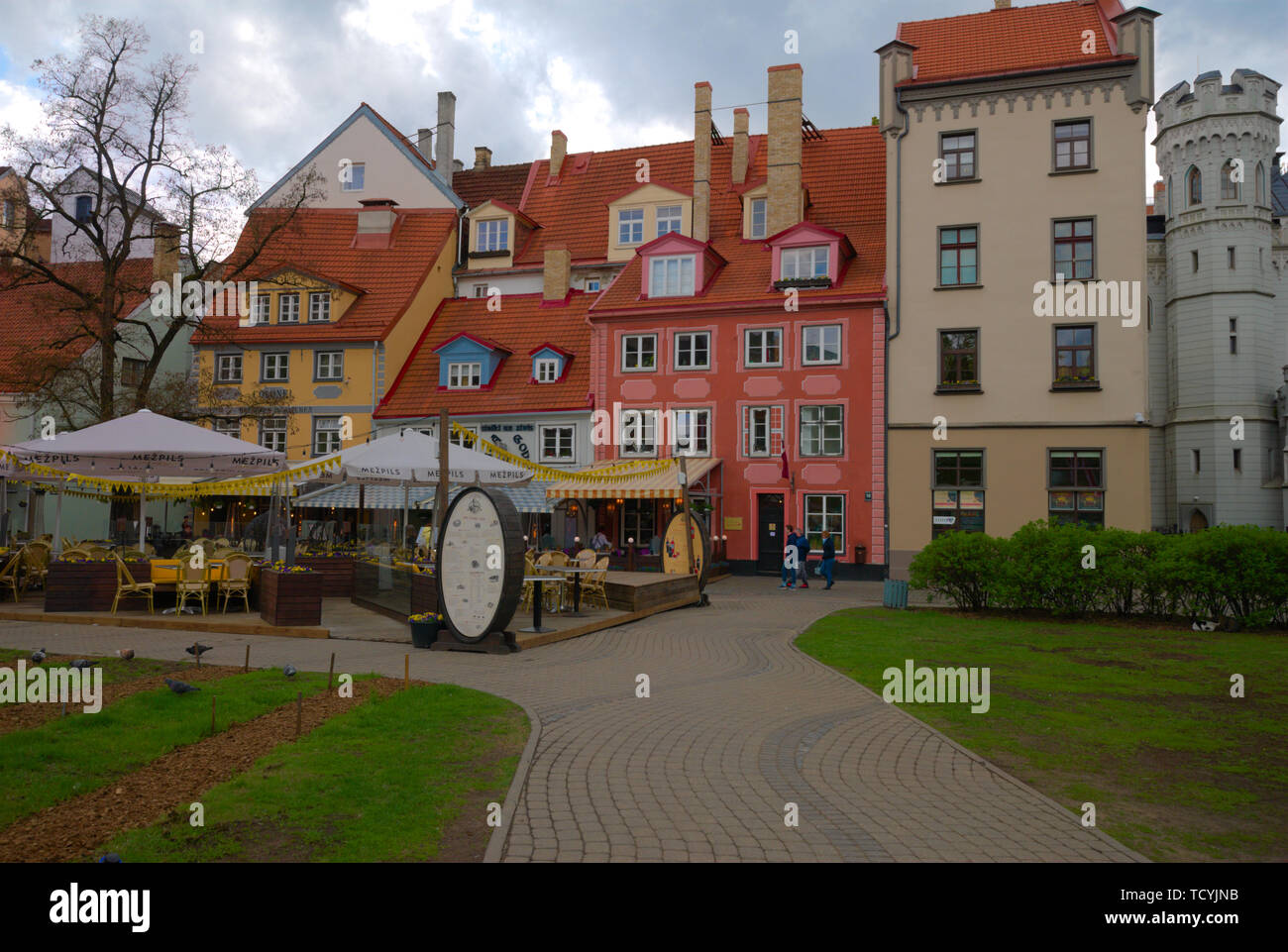Outdoor restaurant in the public square in Riga, Latvia Stock Photo