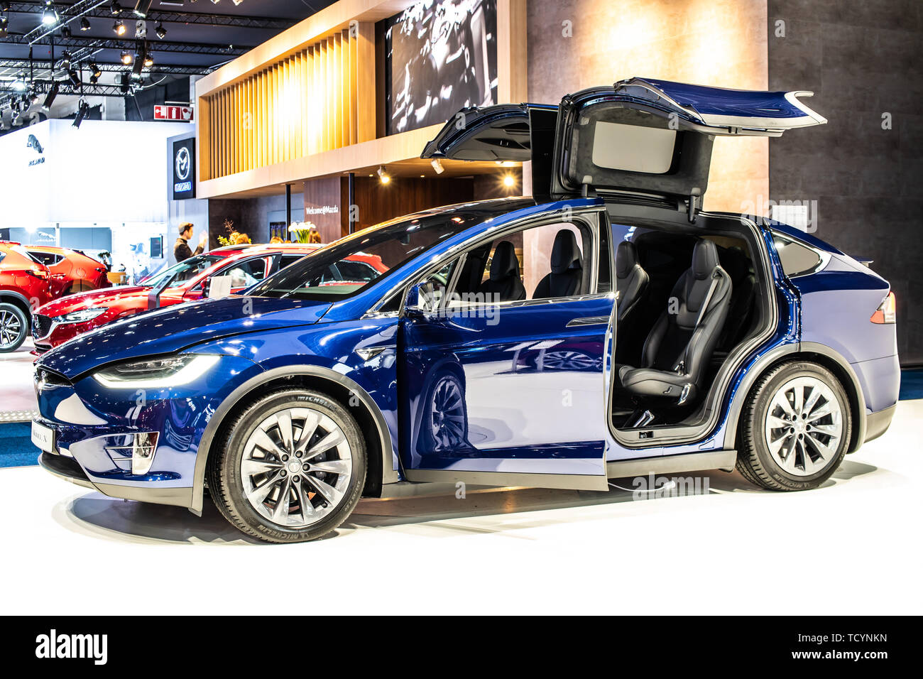 Brussels, Belgium, Jan 22, 2019 metallic blue Tesla Model X P100D at