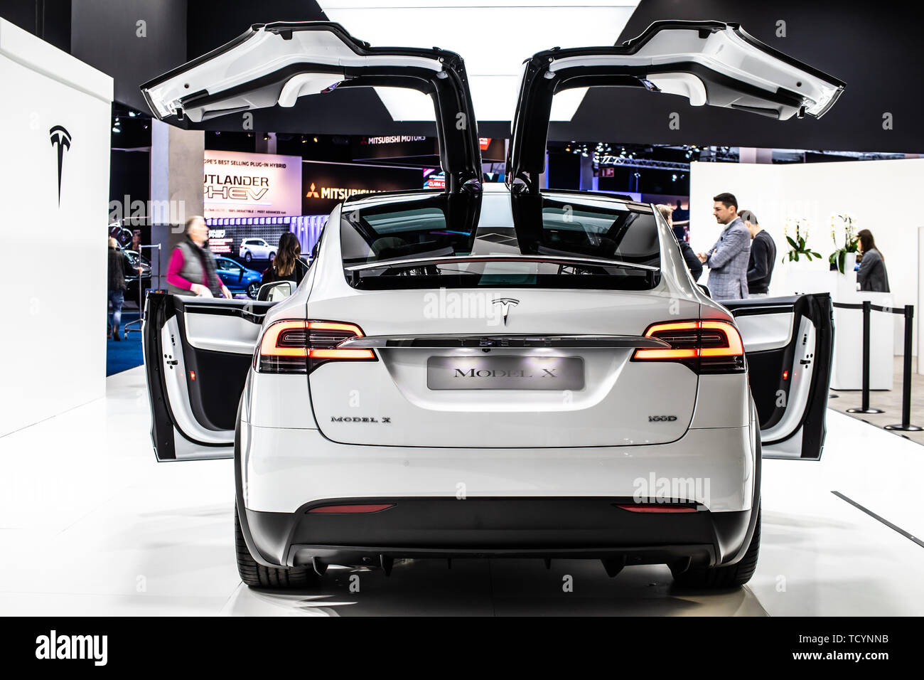 Brussels, Belgium, Jan 22, 2019: metallic white Tesla Model X at Brussels Motor Show, produced by American automaker Tesla, main shareholder Elon Musk Stock Photo