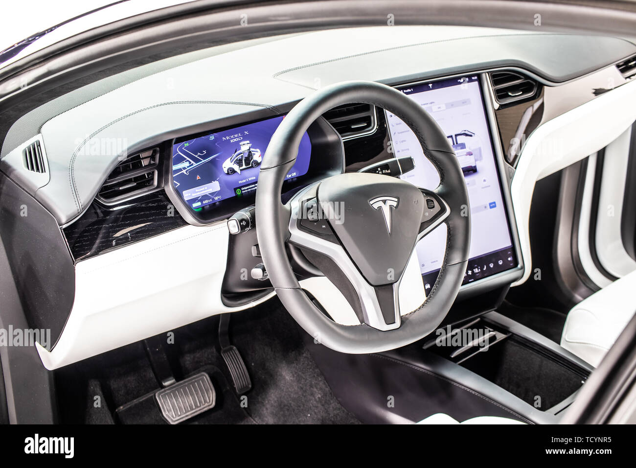 Brussels, Belgium, Jan 22, 2019: metallic white Tesla Model X at Brussels Motor Show, produced by American automaker Tesla, main shareholder Elon Musk Stock Photo