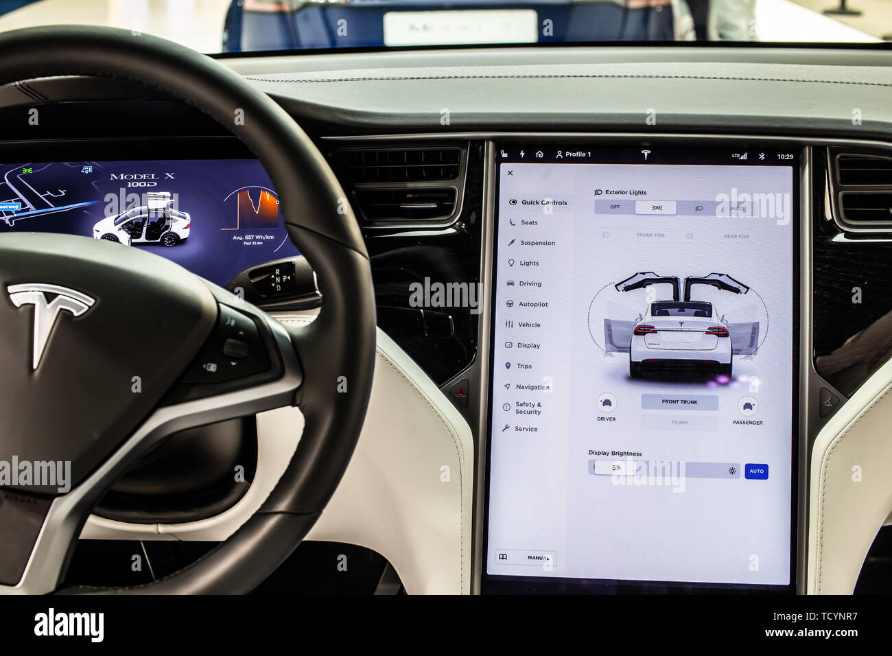 Brussels, Belgium, Jan 22, 2019: metallic white Tesla Model X at Brussels Motor Show, produced by American automaker Tesla, main shareholder Elon Musk Stock Photo