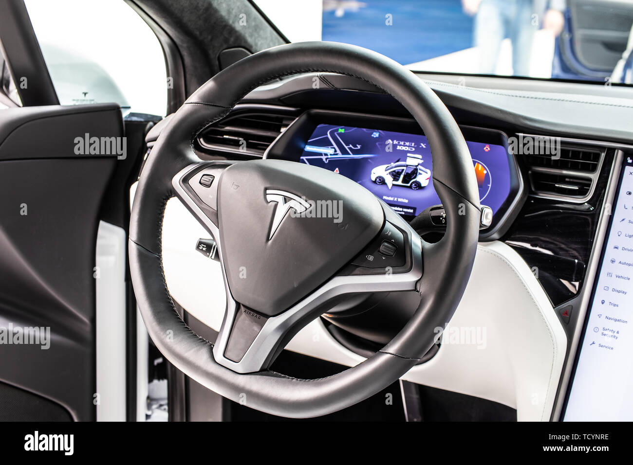 Brussels, Belgium, Jan 22, 2019: metallic white Tesla Model X at Brussels Motor Show, produced by American automaker Tesla, main shareholder Elon Musk Stock Photo