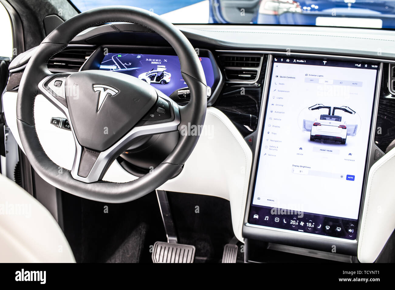 Brussels, Belgium, Jan 22, 2019: metallic white Tesla Model X at Brussels Motor Show, produced by American automaker Tesla, main shareholder Elon Musk Stock Photo