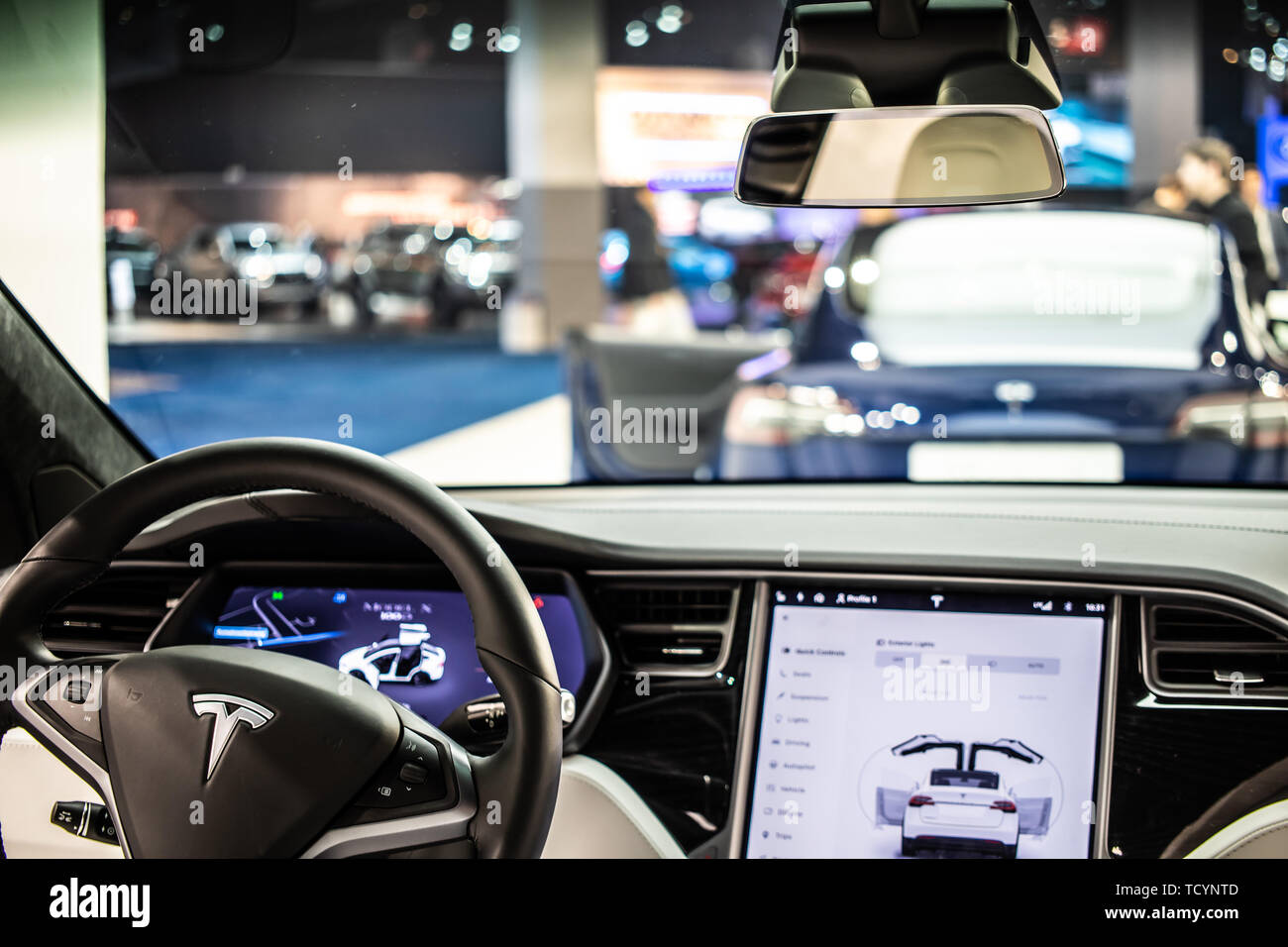 Brussels, Belgium, Jan 22, 2019: metallic white Tesla Model X at Brussels Motor Show, produced by American automaker Tesla, main shareholder Elon Musk Stock Photo