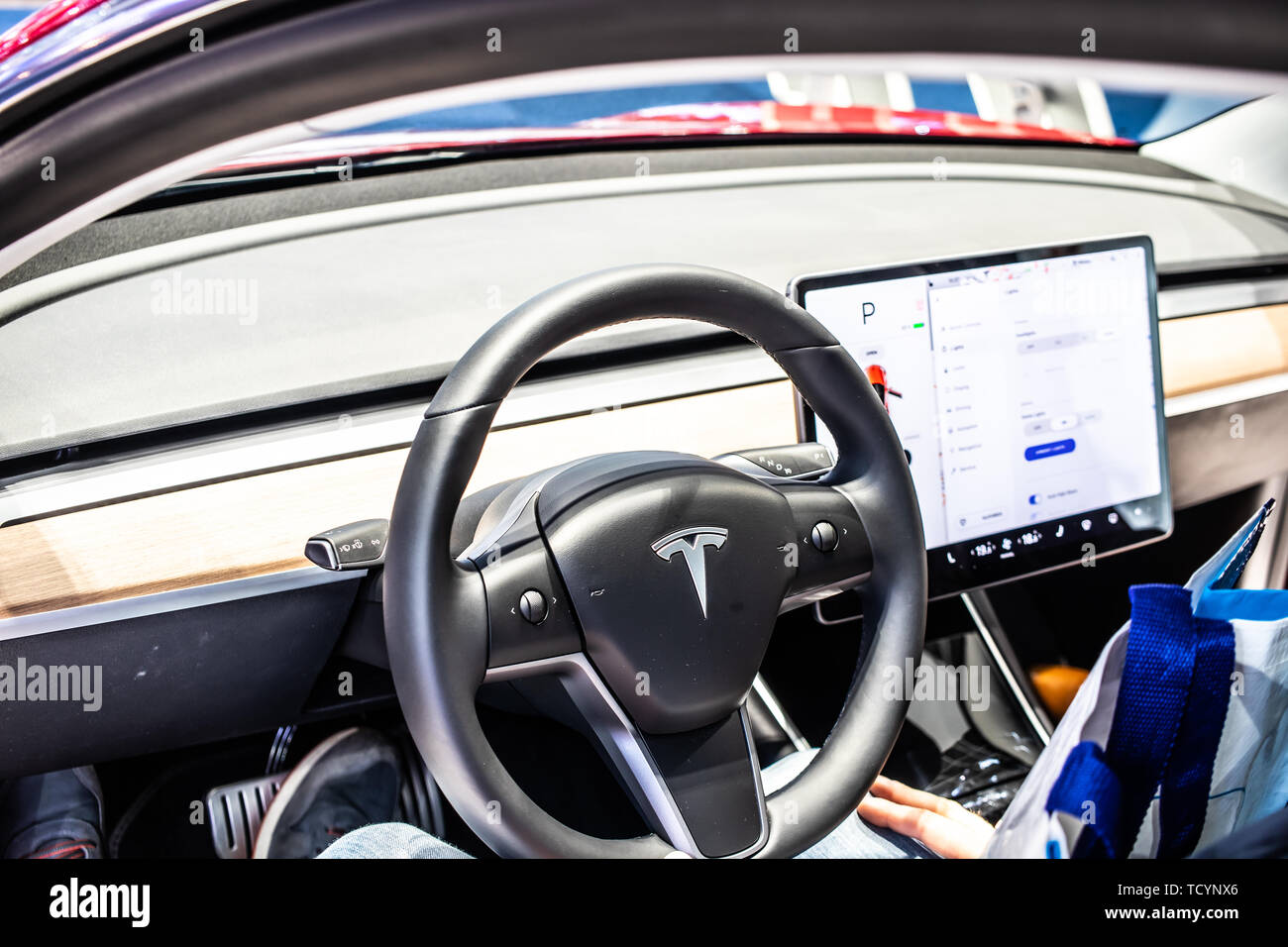 Brussels, Belgium, Jan 22, 2019: metallic white Tesla Model X at Brussels Motor Show, produced by American automaker Tesla, main shareholder Elon Musk Stock Photo