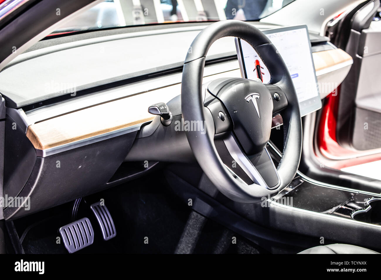 Brussels, Belgium, Jan 22, 2019: metallic white Tesla Model X at Brussels Motor Show, produced by American automaker Tesla, main shareholder Elon Musk Stock Photo