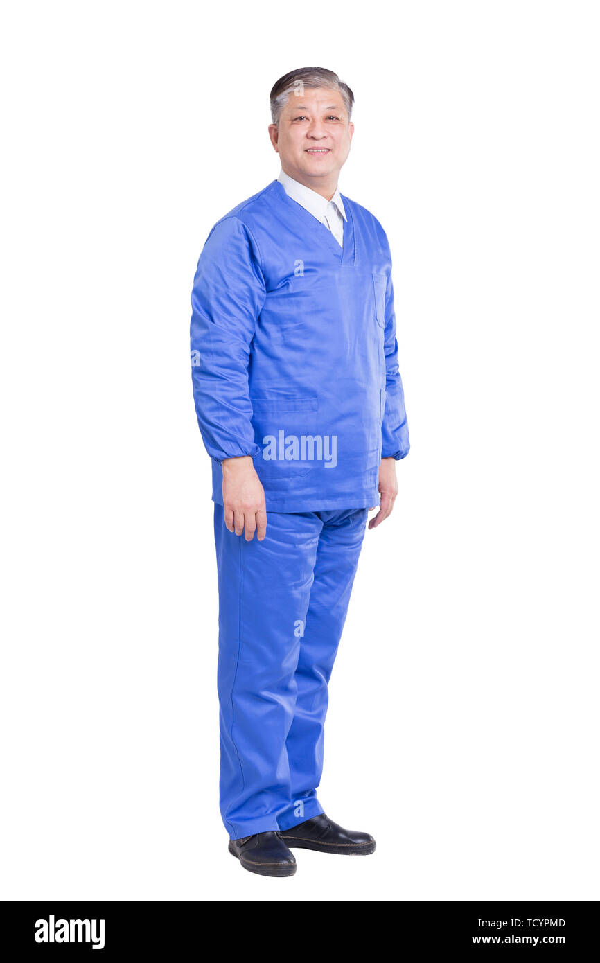 isolated old asian man doctor in blue uniform Stock Photo