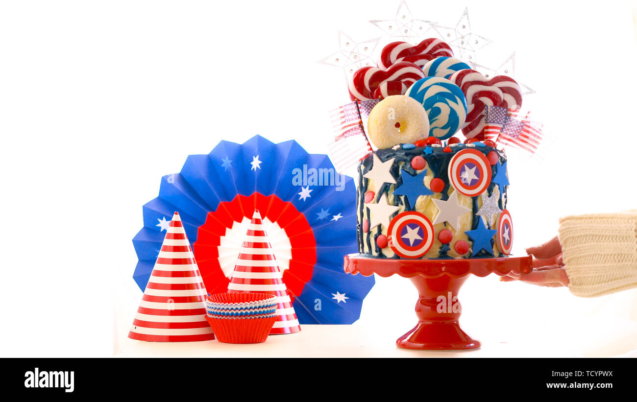 Usa Theme On Trend Candyland Fantasy Drip Cake With Decorations On