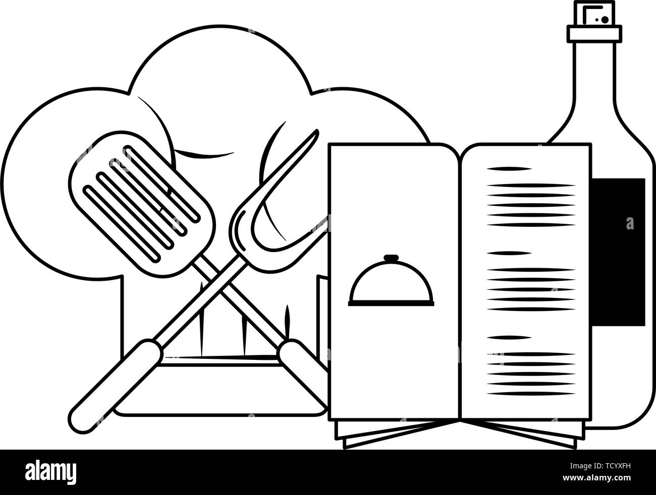 restaurant food and cuisine cartoons in black and white Stock Vector