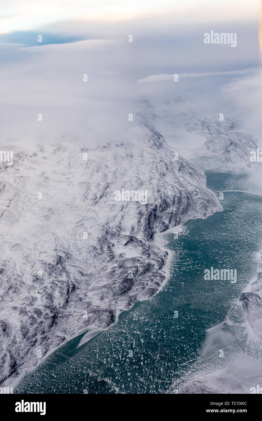 Greenlandic ice cap with frozen mountains and river aerial view, near Nuuk, Greenland Stock Photo