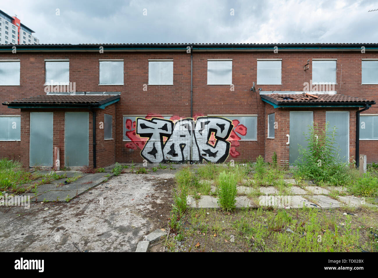 Boarded up houses on the High Street Estate area of Pendleton in Salford, which are awaiting demolition. Stock Photo