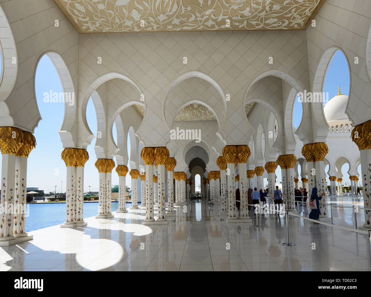 Marbled corridors inside the beautiful Sheikh Zayed Grand Mosque in Abu Dhabi. Stock Photo