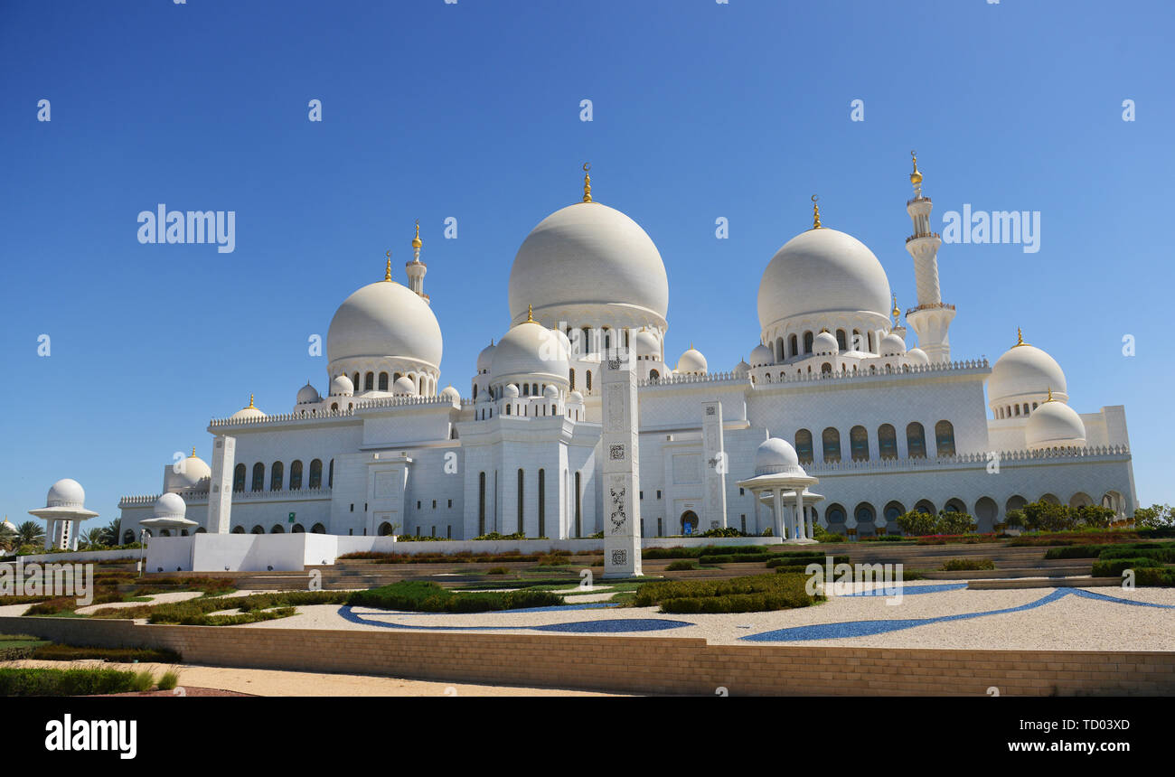 A view of the beautiful Sheikh Zayed Grand Mosque in Abu Dhabi. Stock Photo