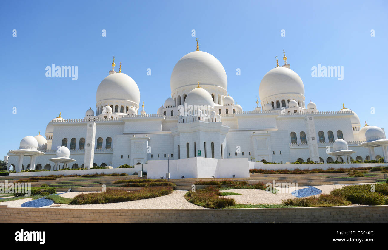 A view of the beautiful Sheikh Zayed Grand Mosque in Abu Dhabi. Stock Photo