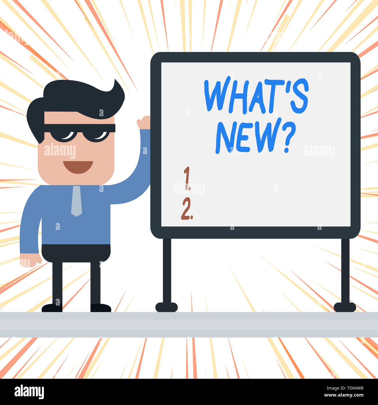 Handwriting text What S New Question. Conceptual photo Asking about latest Updates Trends Happening News Businessman Office Worker Sunglasses Blank Wh Stock Photo