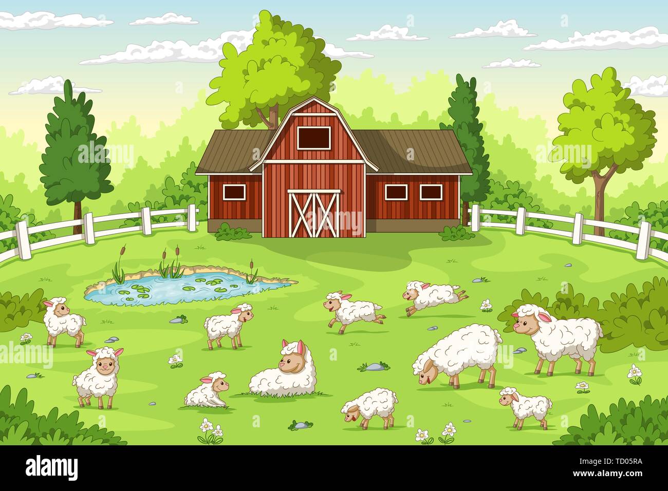 Cartoon sheep on a farm. Summer Landscape with red house and fence.  Stock Vector