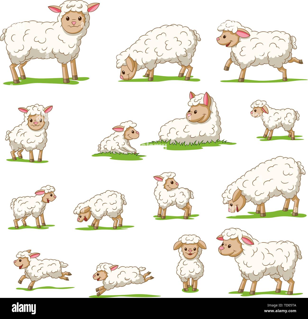 Collection of cute cartoon sheep and lambs. Isolated on white background. Stock Vector