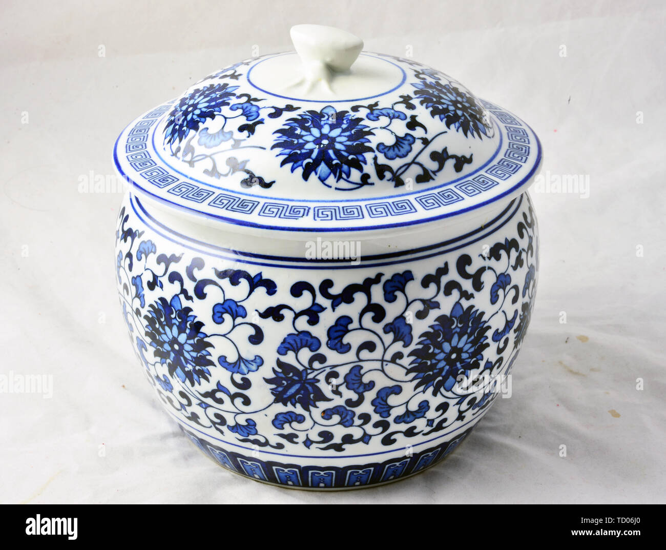 Blue-and-white porcelain ceramic pot Stock Photo