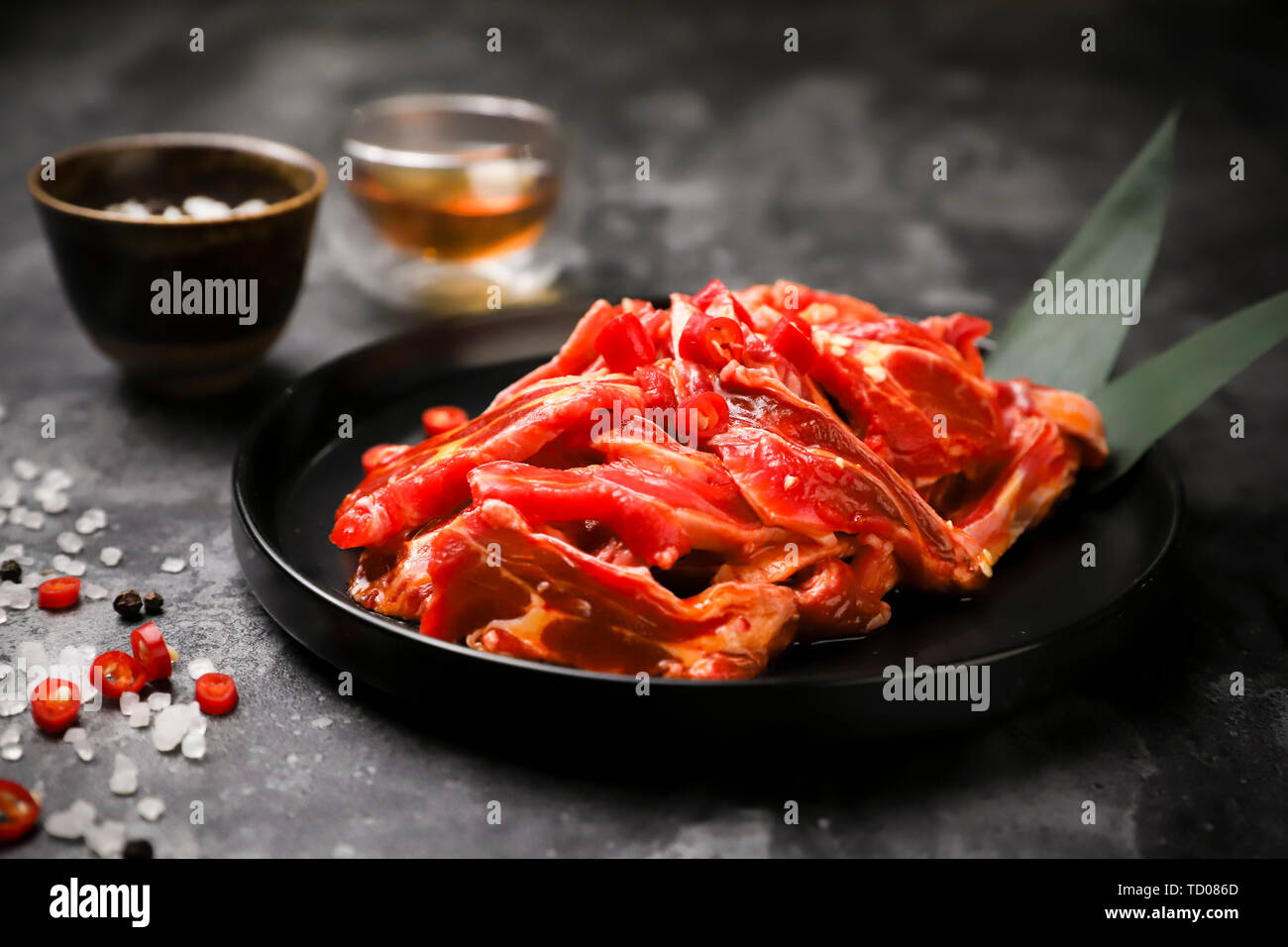 Marinated beef strips, barbecue raw material closeup Stock Photo Alamy