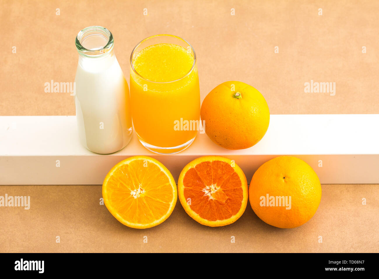 Fresh fruit, milk, orange juice Stock Photo Alamy