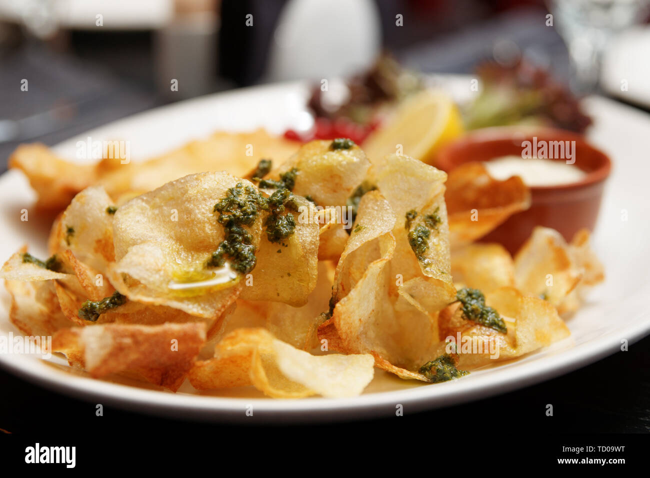 Fish and chips in plate, close-up Stock Photo