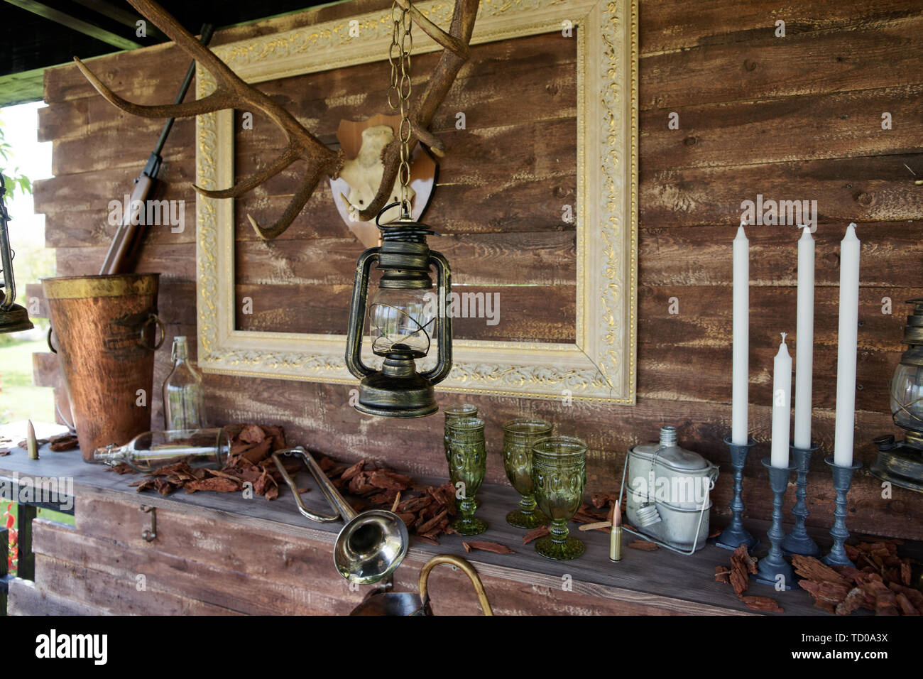 Hunting theme decoration of a summer house Stock Photo