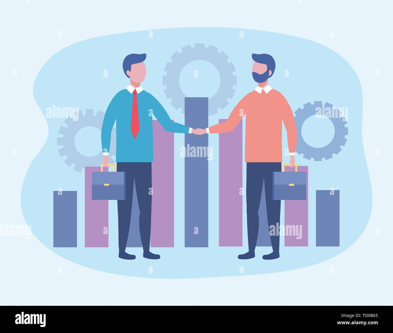 businessmen with suitcase and statistics bar and gears to teamwork ...