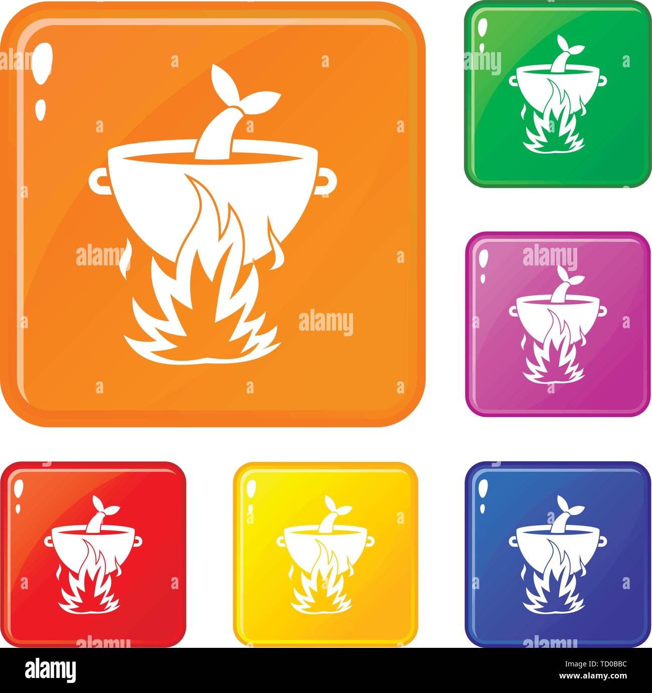 Fish soup on a fire icons set vector color Stock Vector
