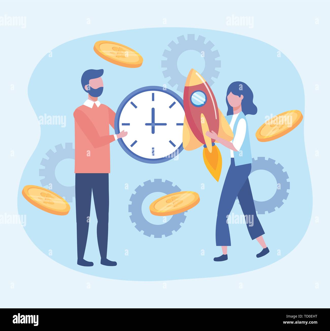 businessman and businesswoman with clock and rocket with coins to ...