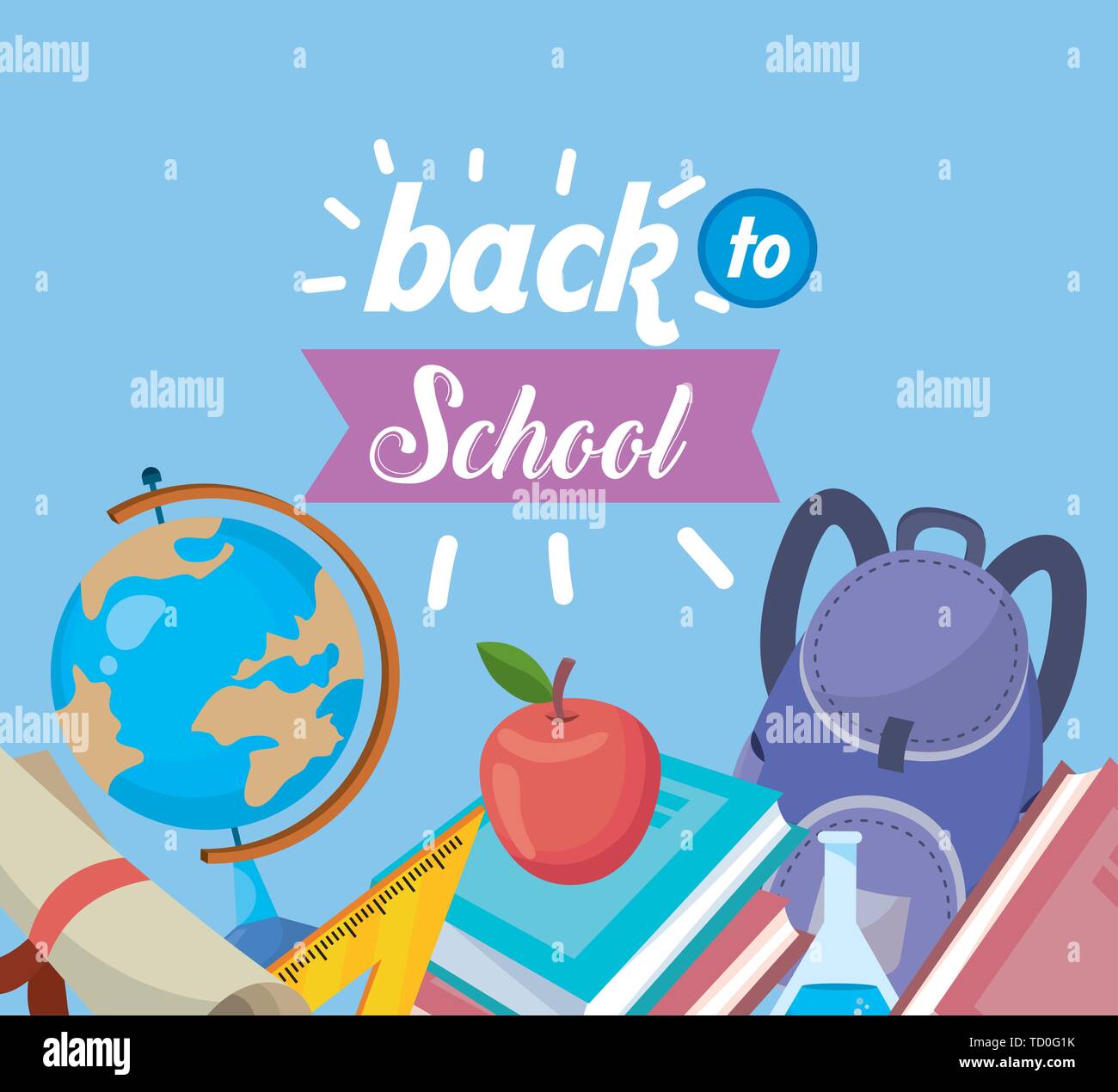 backpack with books and erlenmeyer flask with apple to back to school ...