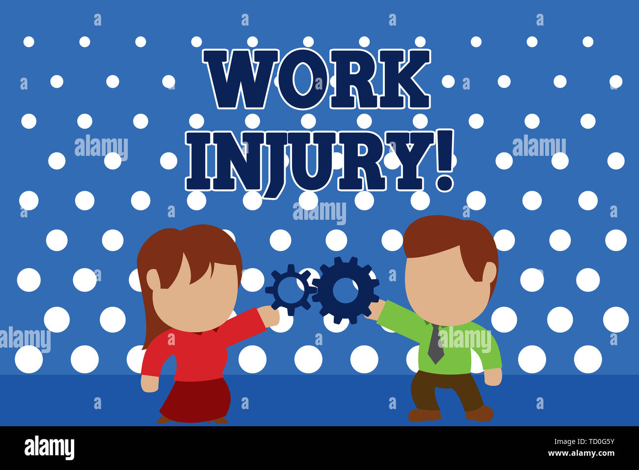 Text sign showing Work Injury. Business photo text accident that occurred during and as result of working Standing young couple sharing gear. Man tie  Stock Photo
