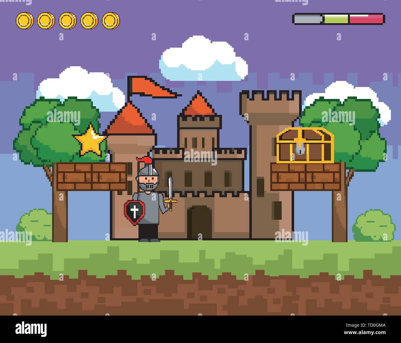Arcade game world design Pixel scene art retro and videogame