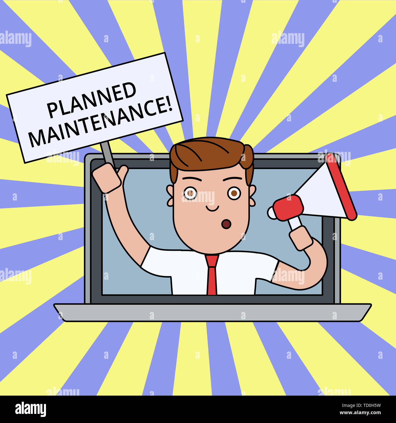 Writing note showing Planned Maintenance. Business concept for Check ups to be done Scheduled on a Regular Basis Man Speaking Through Laptop into Mega Stock Photo